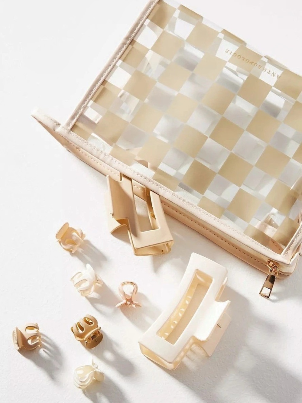 Anthropologie Transparent Checkered Cream & Gold Cosmetic Case NWT